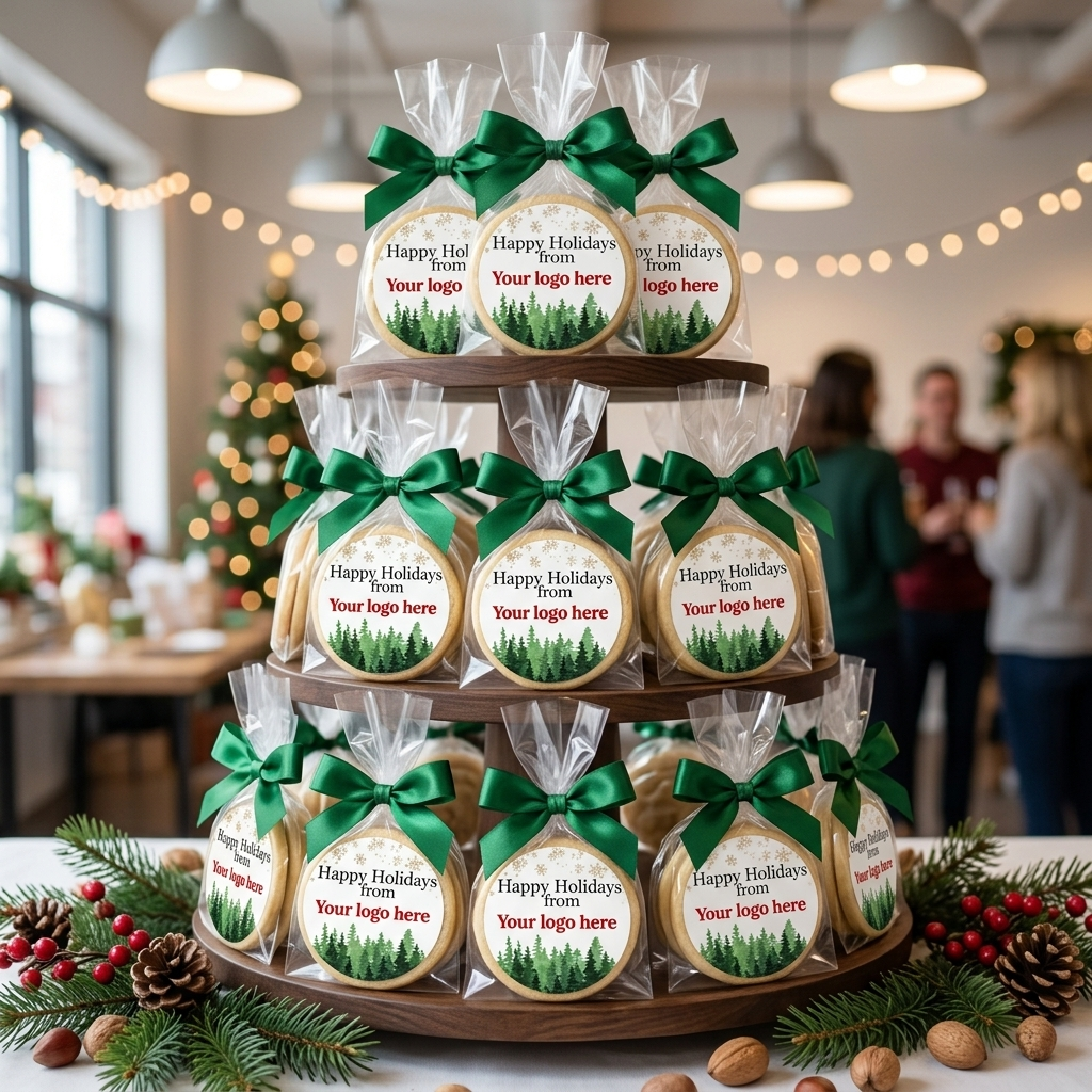 Holiday Trees and Snowflakes Logo Cookies