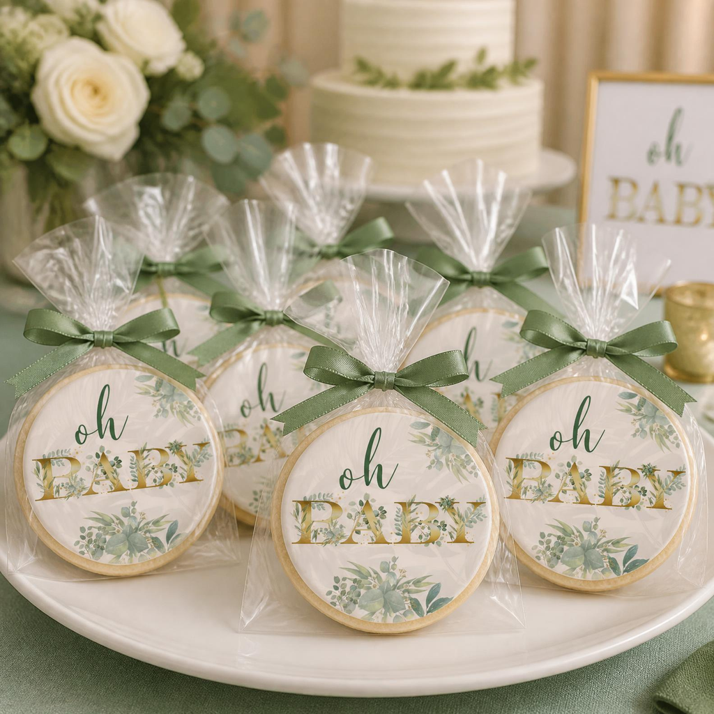 Greenery and Gold Oh Baby Cookies